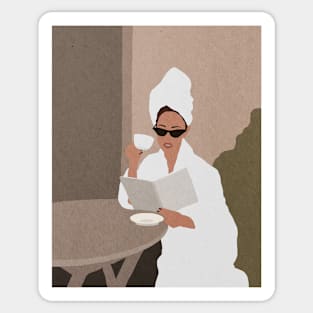 Morning coffee break and a book, Woman, Girl, Mid century art Sticker